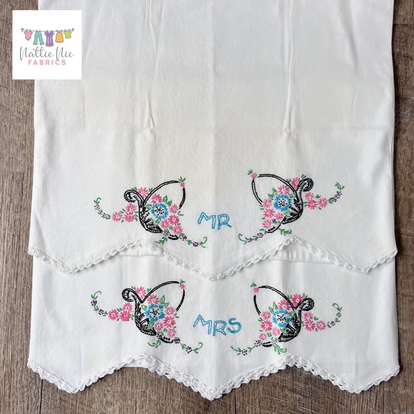 2 Vintage Embroidered Mr Mrs Pillowcases crochet trim, standard size, Springmaid - Picture 1 of 5